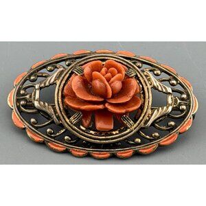 Vintage Sterling Silver Brooch Filigree Carved Orange Resin Rose Enamel Edge Flo